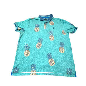 Chubbies Giant Pineapple Print Polo Mens L Green Blue Stretch Performance Golf